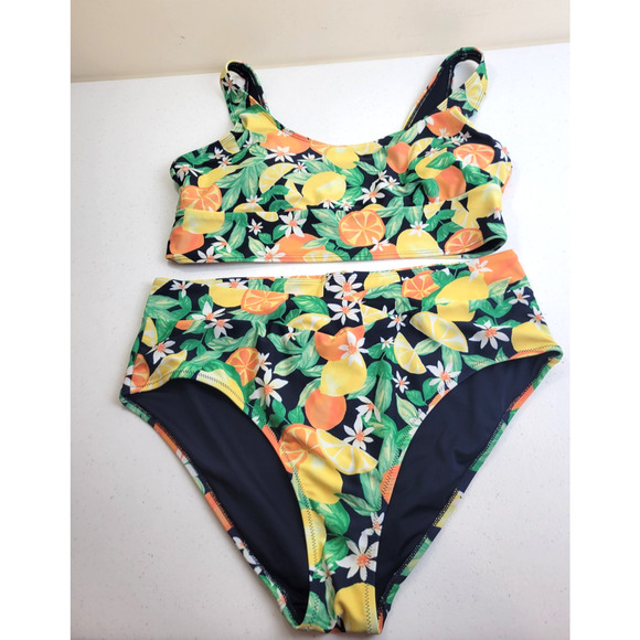 Old Navy Yellow Orange Citrus 2-Piece Bathing Suit Swim Swimsuit Women's Size XL - Picture 1 of 16